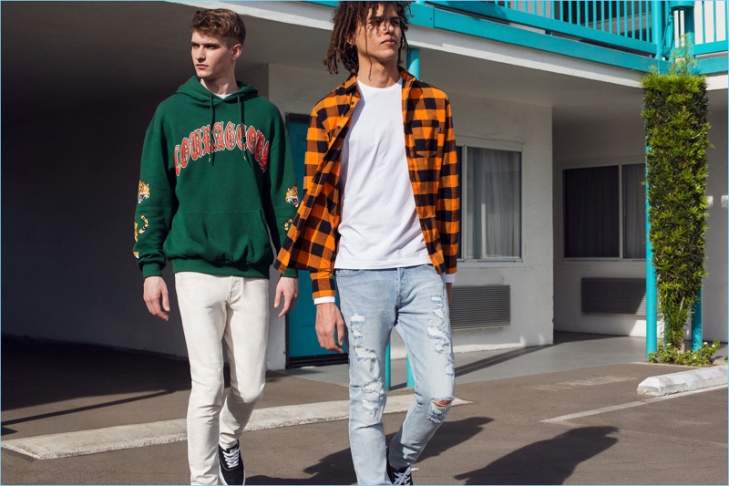 Left: Logan Flatte wears a H&M Divided sweatshirt, white jeans, and a tee. Right: Roberto Rossellini wears a plaid flannel shirt with a tee and ripped jeans.