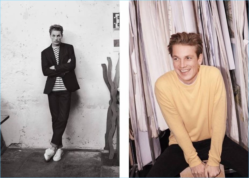 Left: Hugo Sauzay wears a H&M striped shirt, blazer, and sneakers with H&M Edition denim jeans. Right: Hugo sports a yellow sweater and black skinny jeans from H&M Edition.