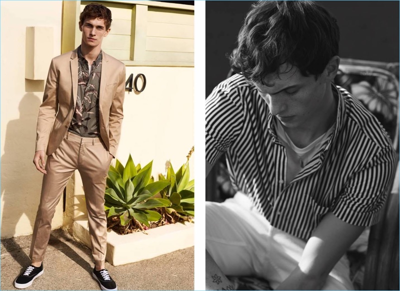 Left: Luc Defont-Saviard dons a H&M suit with a floral print shirt. Right: Luc sports a striped short-sleeve shirt, tee, and white pants by H&M.