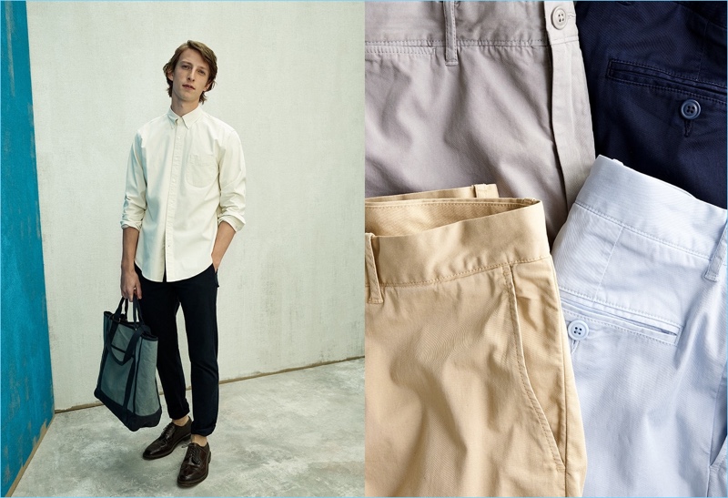 Lightweight Stretch Chinos: Max Townsend wears J.Crew's 484 slim-fit lightweight chinos with a chambray shirt. He accessorizes with a J.Crew stonewashed canvas tote and Alden longwing bluchers.