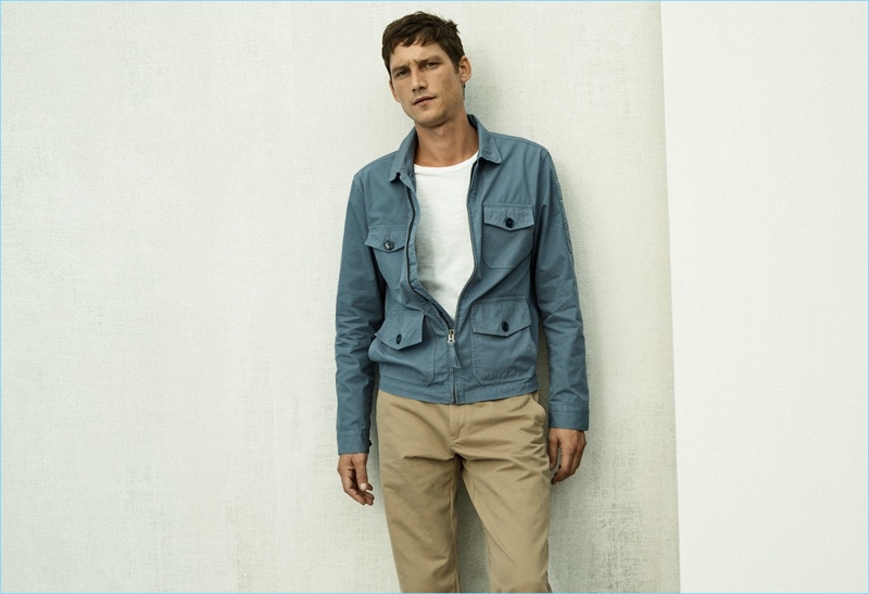 The Utility Jacket: Model Roch Barbot dons a J.Crew utility jacket with a pocket tee and broken-in chino pants.