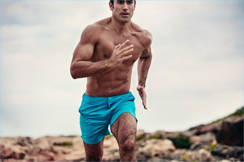 Jeremy Jauncey wears Orlebar Brown's Bulldog Sport swim shorts in azure.