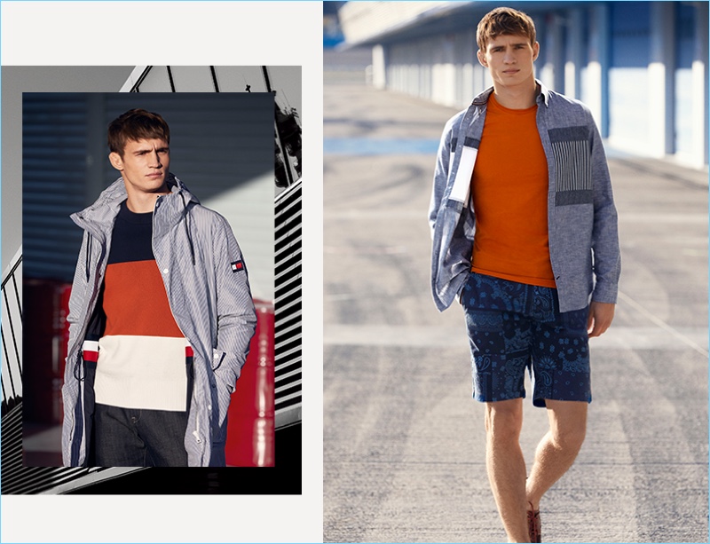 Connecting with Tommy Hilfiger, Julian Schneyder wears fashions inspired by the racing track.