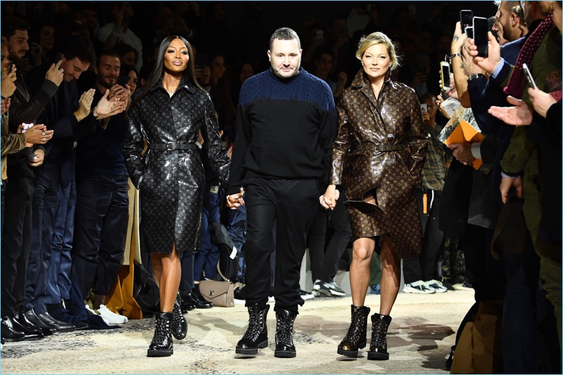 Kim Jones joins supermodels Naomi Campbell and Kate Moss as he takes his final walk for Louis Vuitton on January 18, 2018 in Paris, France.