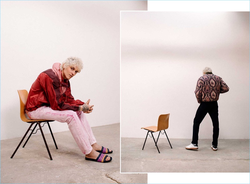Left: Leebo Freeman wears an Isabel Marant windbreaker jacket and quilted slide sandals. Right: Leebo rocks an Isabel Marant reversible bomber jacket with slim-fit jeans and leather sneakers.