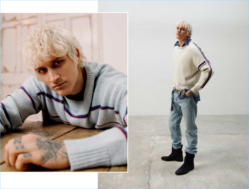 Left: Leebo Freeman rocks an Isabel Marant striped alpaca-blend sweater. Right: Leebo models an Isabel Marant striped cotton-blend sweater, mid-rise denim jeans, shirt, and distressed-effect leather boots.