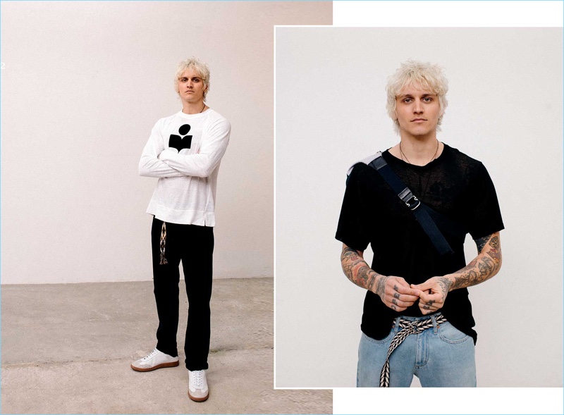 Left: Going casual, Leebo Freeman rocks an Isabel Marant logo long-sleeve tee, track pants, and leather sneakers. Right: Leebo sports an Isabel Marant paneled belt bag, woven belt, and mid-rise denim jeans.