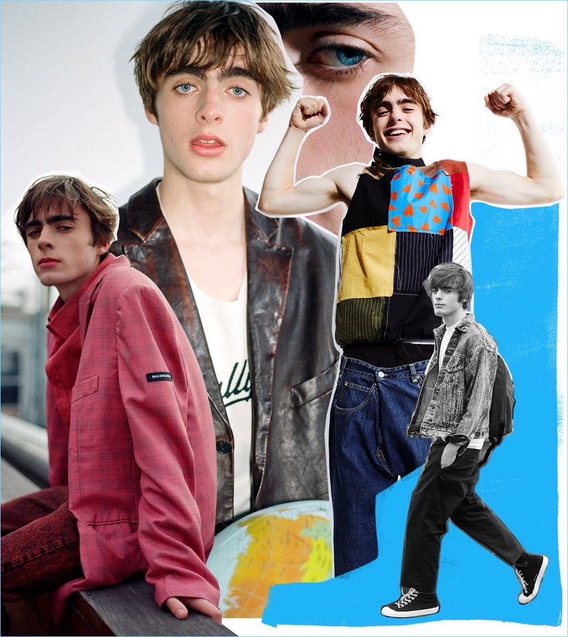 Above, from left: Lennon wears blazer, shirt and jeans Balenciaga; leather jacket Balenciaga and vest Bally; top and jeans J.W. Anderson; Lennon’s street style (image by Melodie Jeng).