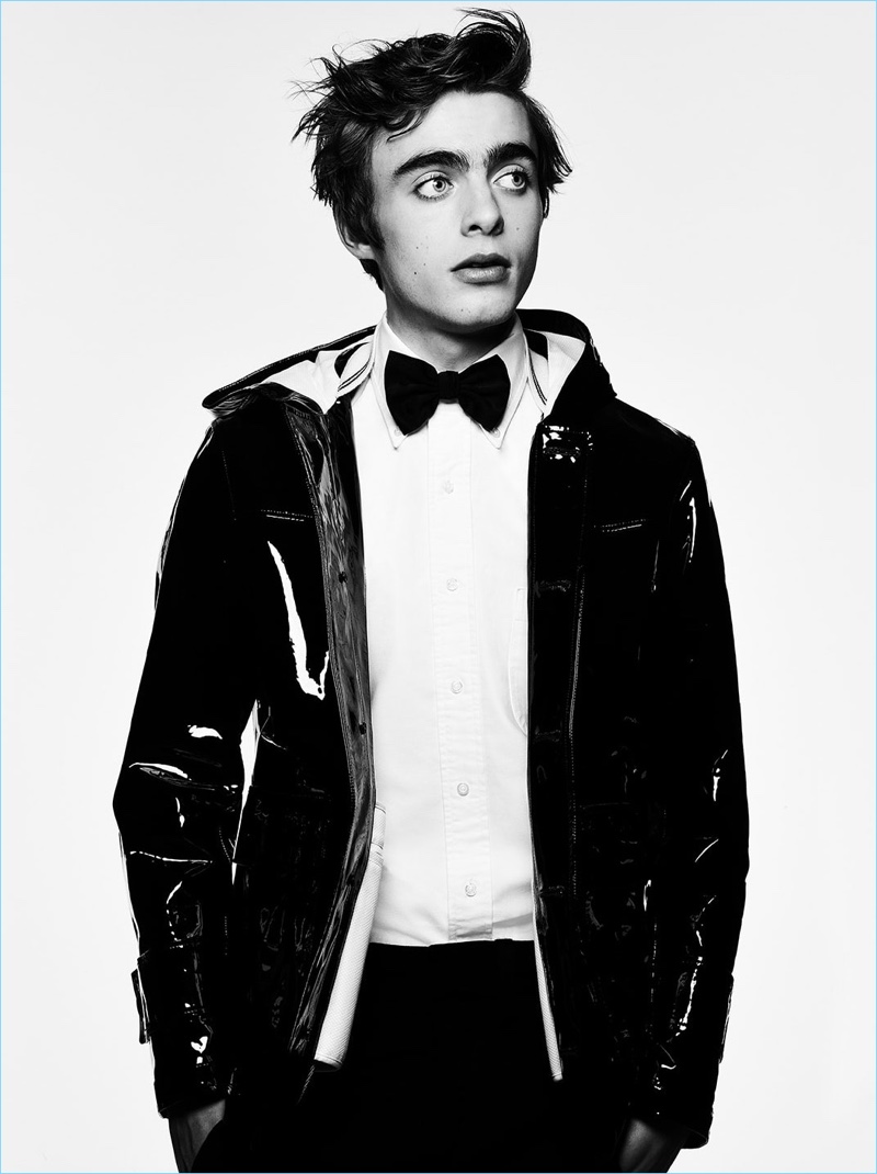 Lennon Gallagher wears bow-tie Dsquared2, trousers Ann Demeulemeester, jacket and shirt Thom Browne.