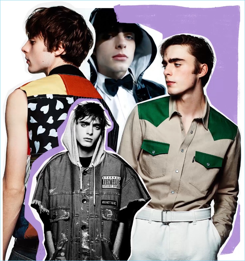 Above, from left: Lennon Gallagher wears top J.W. Anderson; shirt Maison Mihara Yasuhiro and t-shirt Y-3 (worn underneath); shirt and jeans AMI Alexandre Mattiusi.