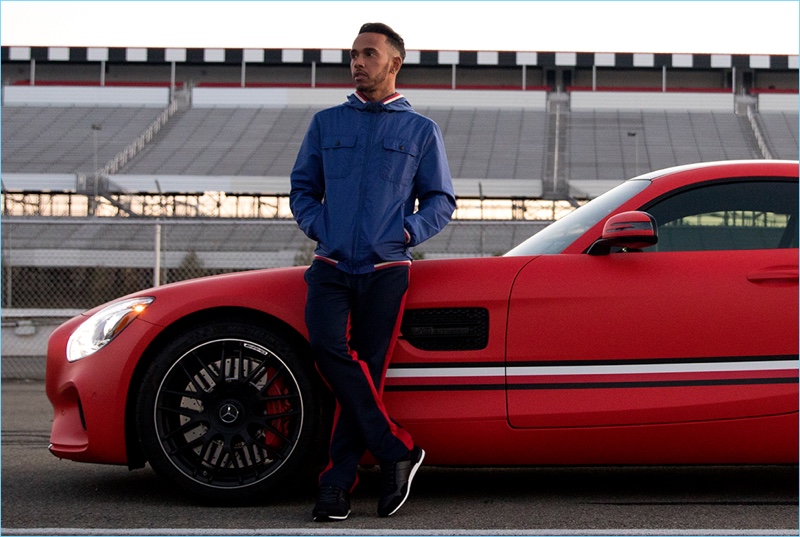 Taking to the track, Lewis Hamilton goes casual in Tommy Hilfiger.