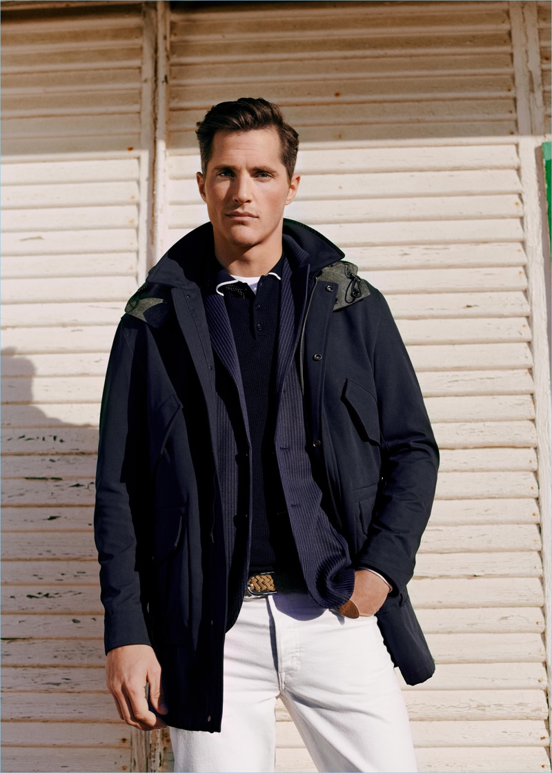 Model Ollie Edward embraces navy as he sports a look from Mango.