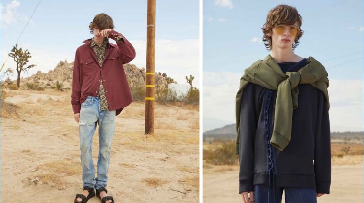 Left: Benno Bulang wears a Ranger shirt and leopard-print shirt by Cobra S.C. Embracing a relaxed silhouette, he also sports Demon straight-leg jeans by Prps Japan with multi-strap leather sandals by Maison Margiela. Right: Benno dons a sweatshirt, lace-up sweatshirt, and frayed jeans by Marques’Almeida. Andy Wolf's oversized aviator sunglasses finish his outfit.