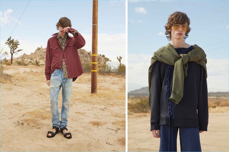 Left: Benno Bulang wears a Ranger shirt and leopard-print shirt by Cobra S.C. Embracing a relaxed silhouette, he also sports Demon straight-leg jeans by Prps Japan with multi-strap leather sandals by Maison Margiela. Right: Benno dons a sweatshirt, lace-up sweatshirt, and frayed jeans by Marques’Almeida. Andy Wolf's oversized aviator sunglasses finish his outfit.