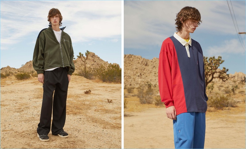 Left: Oversized silhouettes reign as Benno Bulang wears a fleece jacket and trousers by Y/Project. Tapping into a casual aesthetic, Benno also sports a t-shirt by A Brilliant Brand with AMI sneakers. Right: Benno rocks a long-sleeved polo shirt, logo-print t-shirt and, Apollo logo-embroidered track pants by P.A.M.