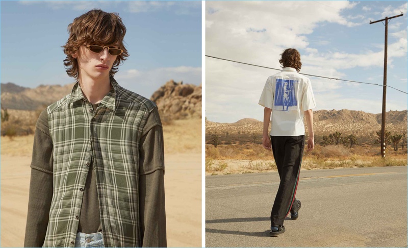 Left: Benno Bulang wears a contrast-sleeve checked shirt by Wales Bonner. He also models a long-sleeved top by Helmut Lang with Faith Connexion mid-rise slim-leg jeans, and Andy Wolf sunglasses. Right: Benno rocks an artist-print short-sleeve shirt and side-striped trousers by Wales Bonner. Multi-strap leather sandals by Maison Margiela complete his look.