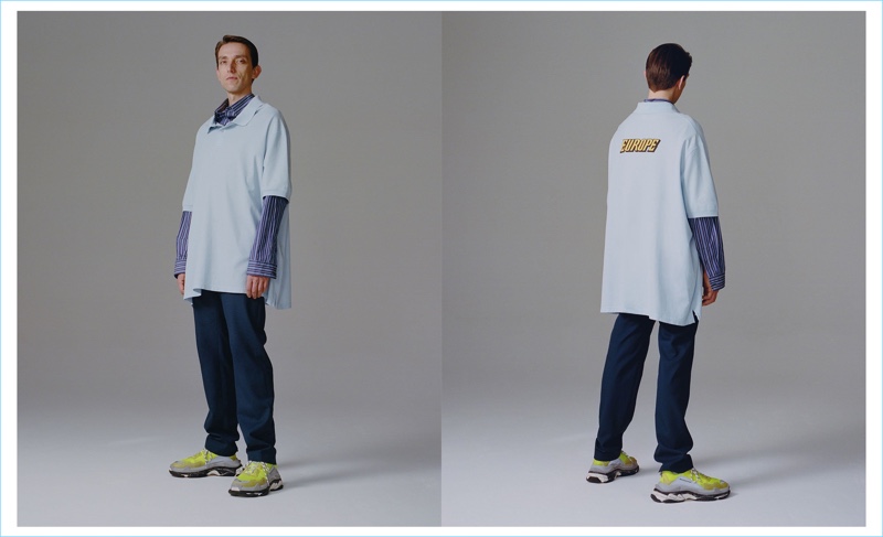 Jonas wears an oversized polo shirt, striped single-cuff shirt, high-rise wool-blend trousers and Triple S neon trainers by Balenciaga.