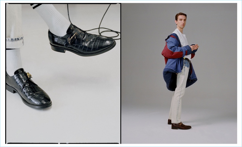 Stepping into the studio, Jonas sports a Balenciaga padded wind-breaker jacket and Europe-print oversized cotton-jersey t-shirt. He also wears the brand's bleached straight-leg jeans, croc-embossed derby shoes, and leather belt.