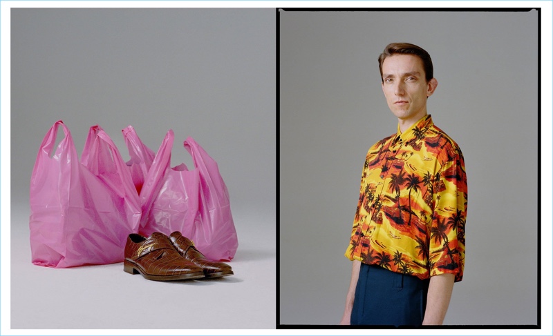 Left, Matches Fashion spotlights Balenciaga's crocodile-effect leather derby shoes. Right: Jonas models a Balenciaga point-collar Hawaiian shirt and high-rise wool-blend trousers.