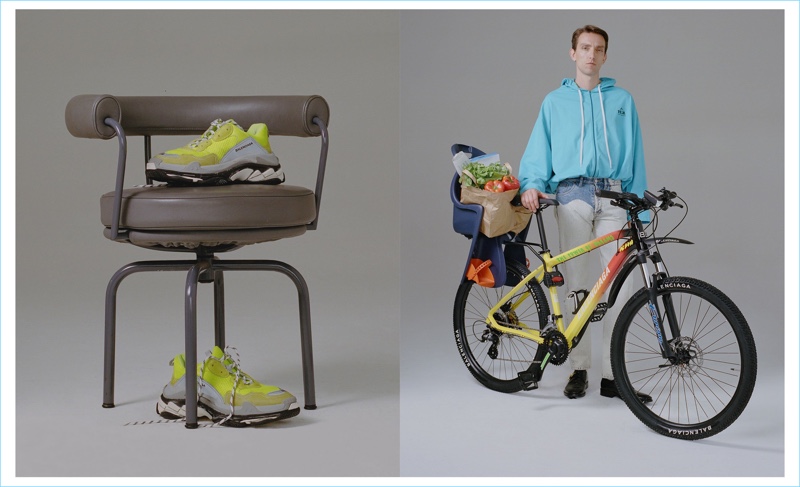 Pictured Left: Balenciaga Triple S trainers. Right: Going sport, Jonas wears a Balenciaga hooded zip-through cotton sweatshirt and bleached straight-leg jeans. He also rocks Balenciaga crocodile-effect leather derby shoes.