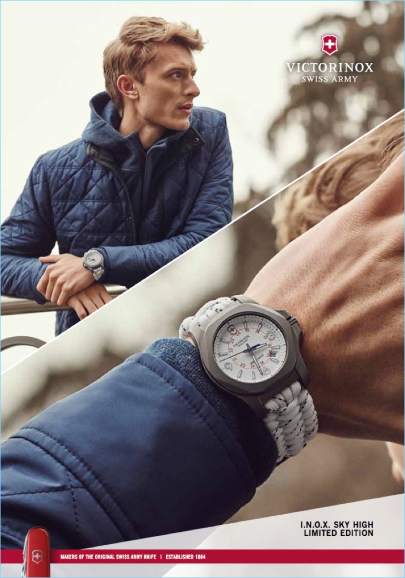 Model Max Rendell fronts Victorinox's fall-winter 2017 campaign.