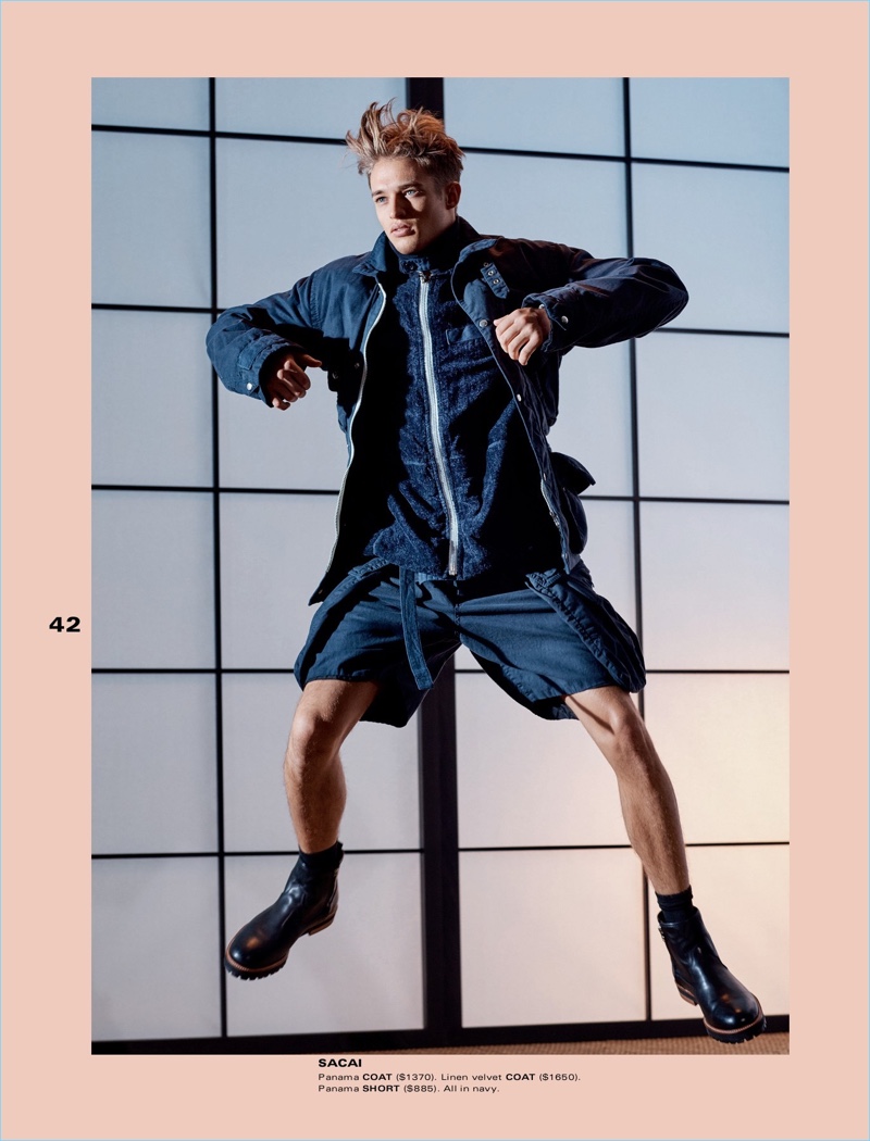 Jumping for a moving shot, Morten Nielsen sports Sacai.