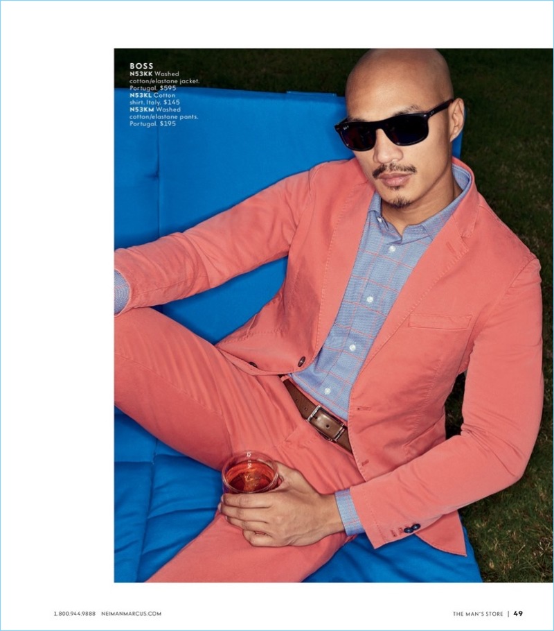 A vision in coral, Paolo Roldan wears BOSS by Hugo Boss.