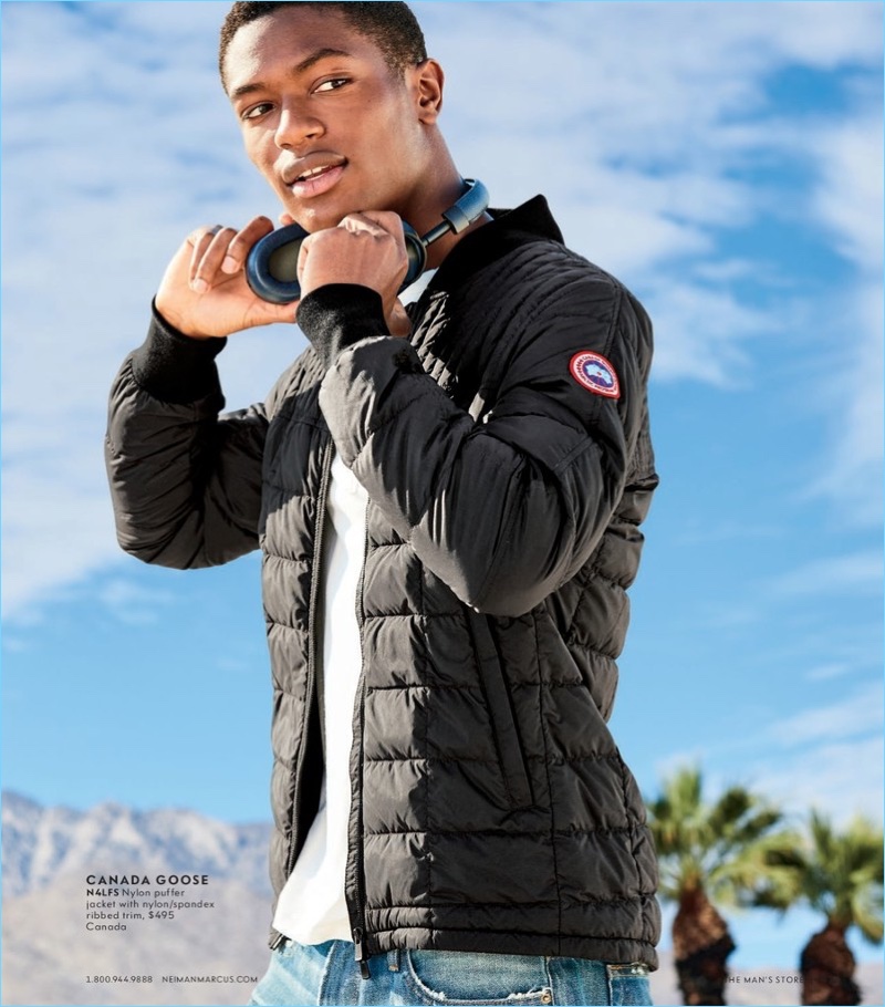 Model Hamid Onifade sports Canada Goose for Neiman Marcus.
