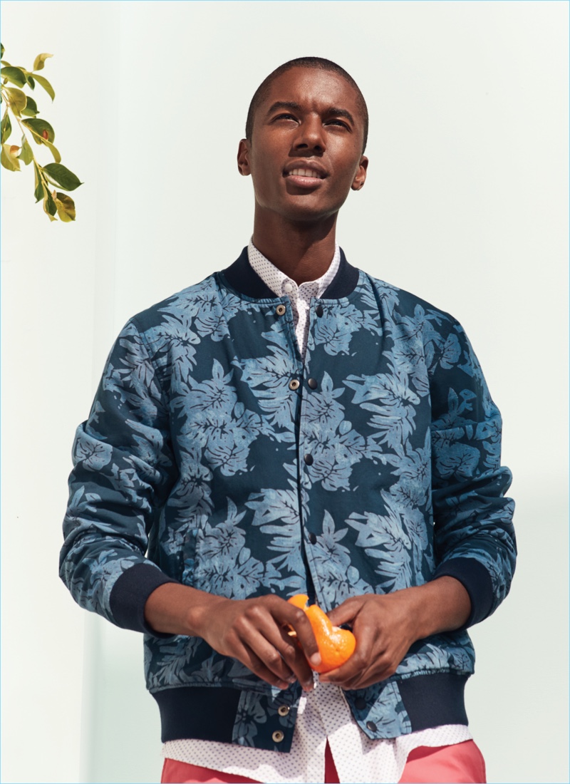 Claudio Monteiro sports a patterned bomber jacket from Nordstrom's 1901 line.