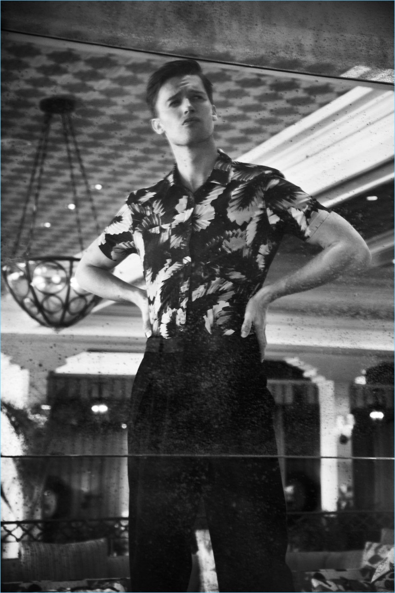 Striking a pose, Patrick Schwarzenegger wears a GUESS shirt with Stella McCartney pants. » Patrick Schwarzenegger Connects with Flaunt, Talks 'Midnight Sun' Striking a pose, Patrick Schwarzenegger wears a GUESS shirt with Stella McCartney pants.