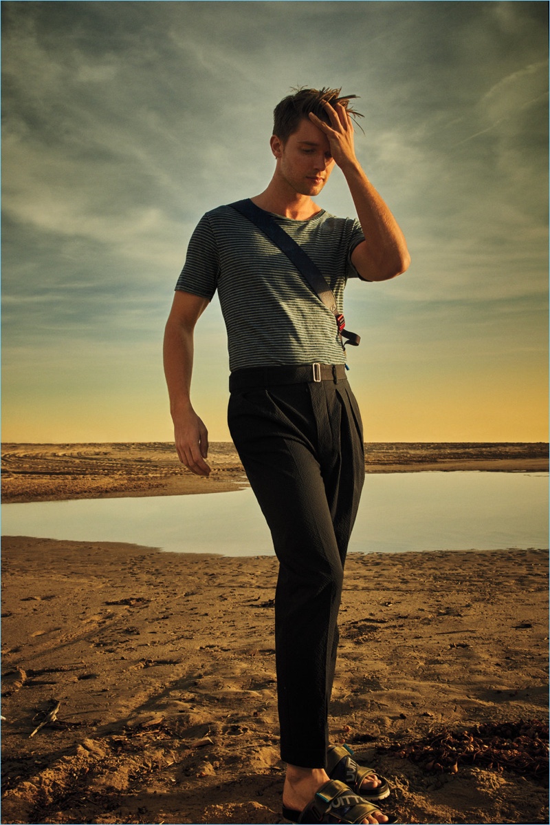 Patrick Schwarzenegger wears an AG t-shirt with Officine Generale pants and Louis Vuitton accessories. » Patrick Schwarzenegger Connects with Flaunt, Talks 'Midnight Sun' Patrick Schwarzenegger wears an AG t-shirt with Officine Generale pants and Louis Vuitton accessories.