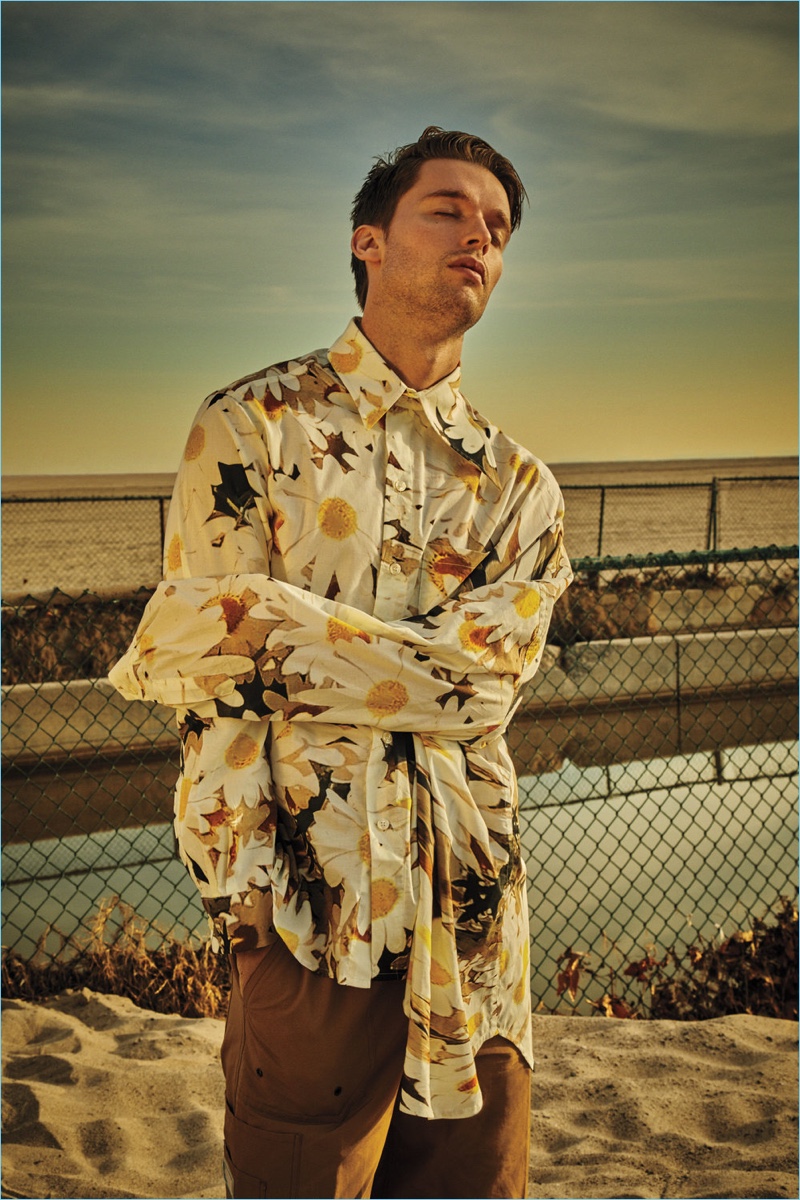 Basking in the sun, Patrick Schwarzenegger wears an Alex Mullins shirt and Lanvin pants. » Patrick Schwarzenegger Connects with Flaunt, Talks 'Midnight Sun' Basking in the sun, Patrick Schwarzenegger wears an Alex Mullins shirt and Lanvin pants.