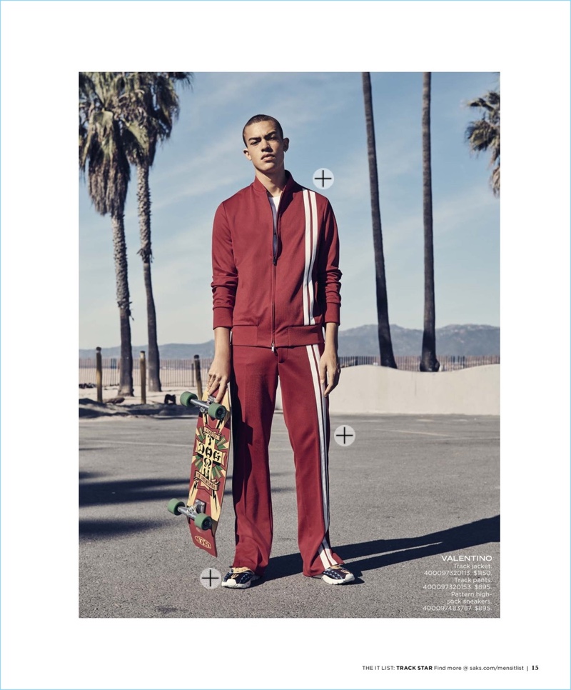 Myles Gable models a tracksuit by Valentino.