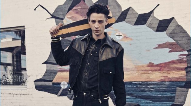 Model Ash Stymest makes a denim statement in Givenchy.
