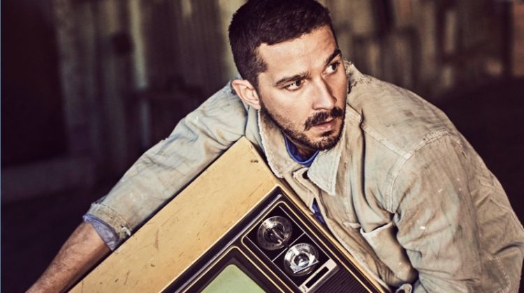 Actor Shia LaBeouf wears a Visvim jacket and Closed x Orcival shirt. He also sports Fortela trousers.