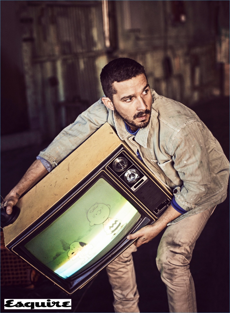 Actor Shia LaBeouf wears a Visvim jacket and Closed x Orcival shirt. He also sports Fortela trousers.