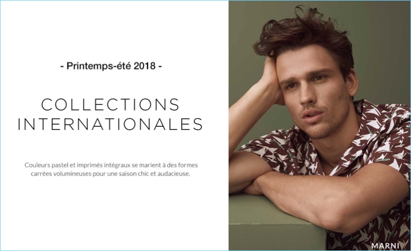 Simon Nessman dons a patterned shirt by Marni for Simons' spring-summer 2018 designer lookbook.