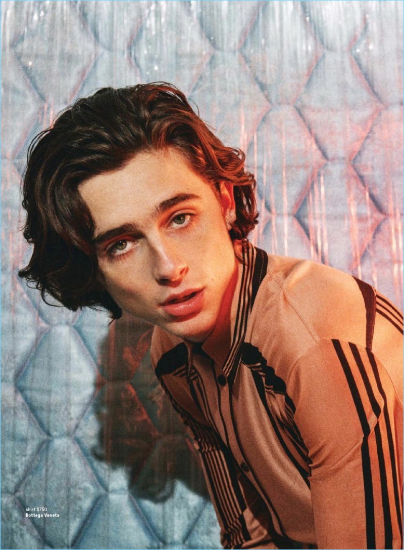 Starring in a GQ photo shoot, Timothée Chalamet wears a Bottega Veneta shirt.