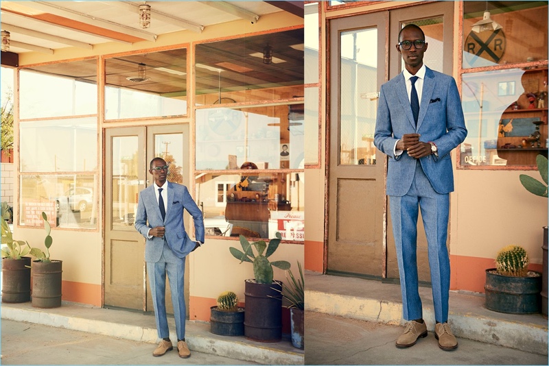 Dressed to impress, Armando Cabral wears a Todd Snyder White Label Sutton linen suit in ice blue.