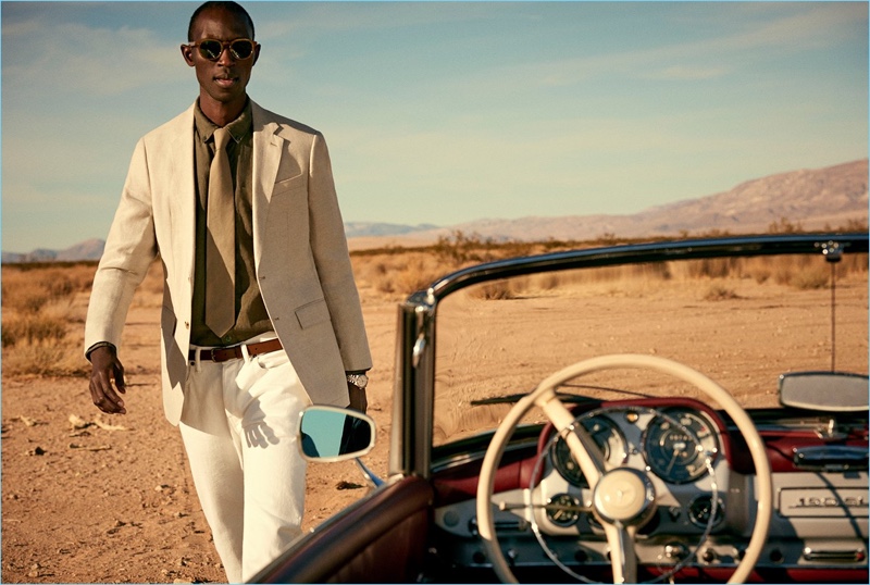 Embracing neutrals, Armando Cabral wears a Todd Snyder White Label unconstructed linen sport coat in beige. 