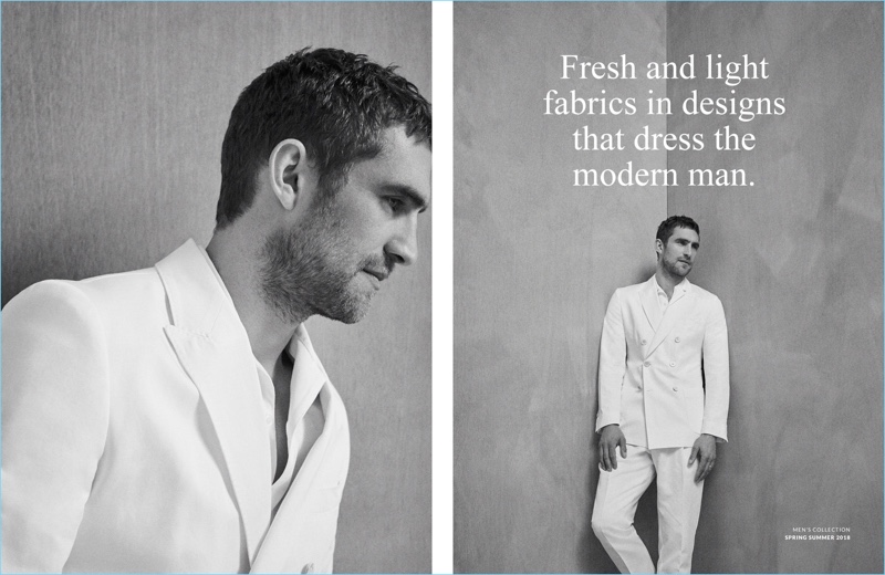 British model Will Chalker dons a chic white suit by Massimo Dutti.