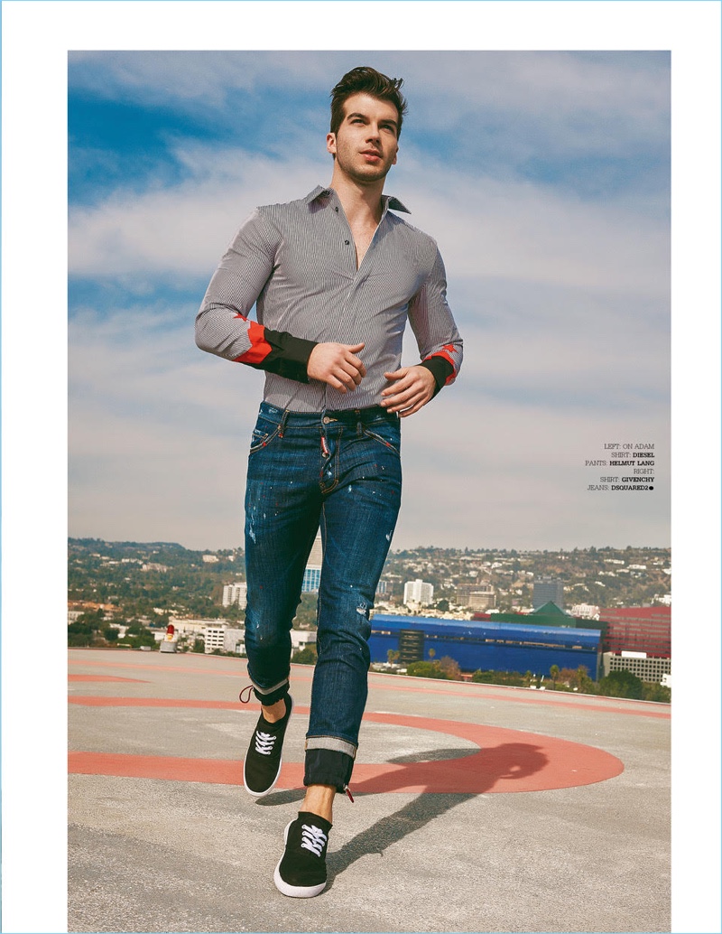 Posing on a Los Angeles rooftop, Adam Hagenbuch wears a Givenchy shirt with Dsquared2 jeans.