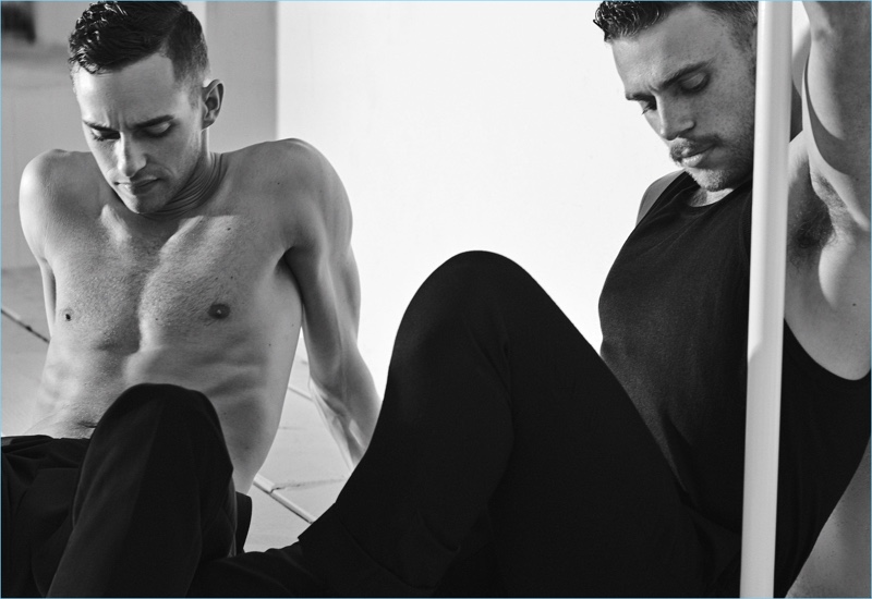 Adam Rippon wears pants by Ermenegildo Zegna Couture. Gus Kenworthy sports a tank and pants from Berluti.