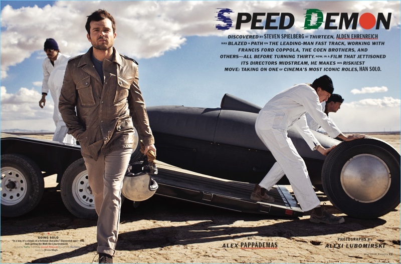 Actor Alden Ehrenreich wears a Tod's jacket with a Joseph Abboud t-shirt. He also sports Dockers pants and Bruno Magli boots. » Alden Ehrenreich Covers Esquire, Talks Han Solo Actor Alden Ehrenreich wears a Tod's jacket with a Joseph Abboud t-shirt. He also sports Dockers pants and Bruno Magli boots.