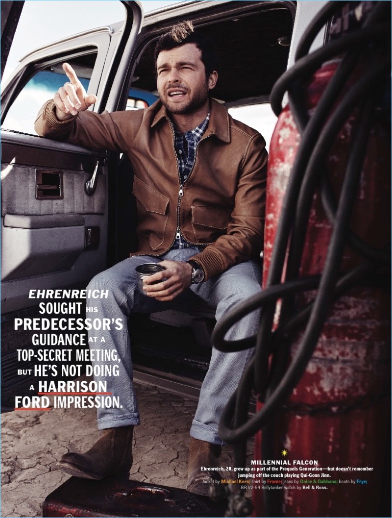 Connecting with Esquire, Alden Ehrenreich wears a Michael Kors leather jacket. The actor also dons a Frame shirt, Dolce & Gabbana jeans, and Frye boots. » Alden Ehrenreich Covers Esquire, Talks Han Solo Connecting with Esquire, Alden Ehrenreich wears a Michael Kors leather jacket. The actor also dons a Frame shirt, Dolce & Gabbana jeans, and Frye boots.