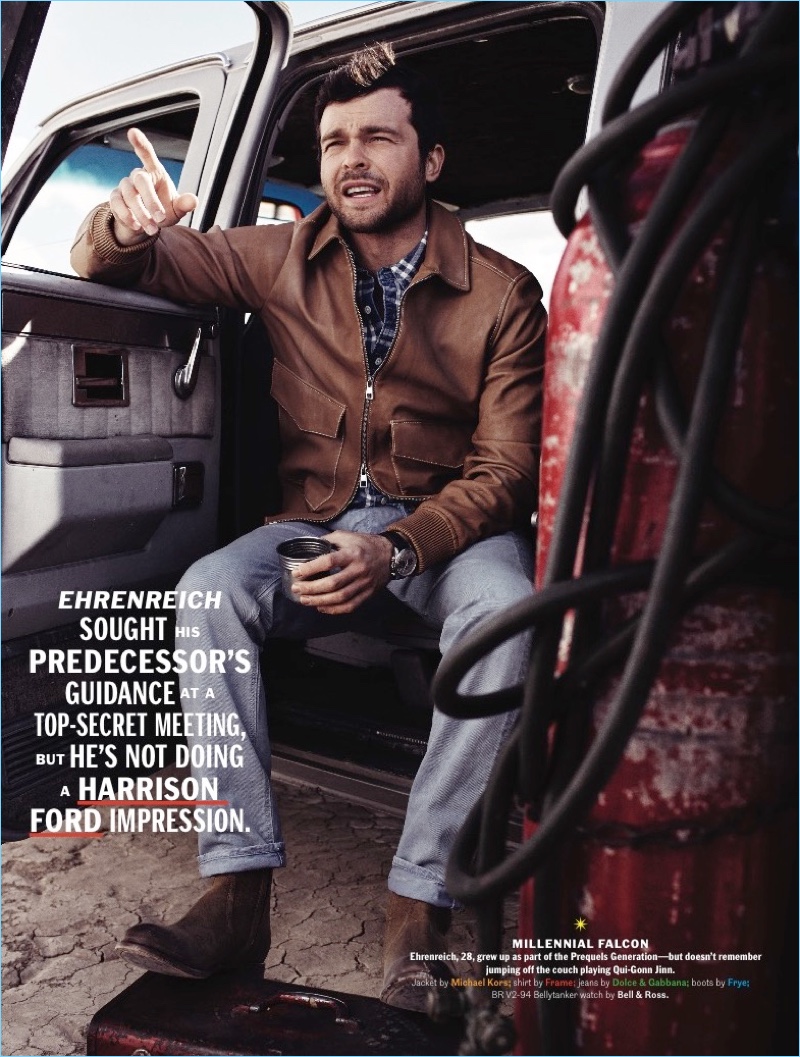 Connecting with Esquire, Alden Ehrenreich wears a Michael Kors leather jacket. The actor also dons a Frame shirt, Dolce & Gabbana jeans, and Frye boots.