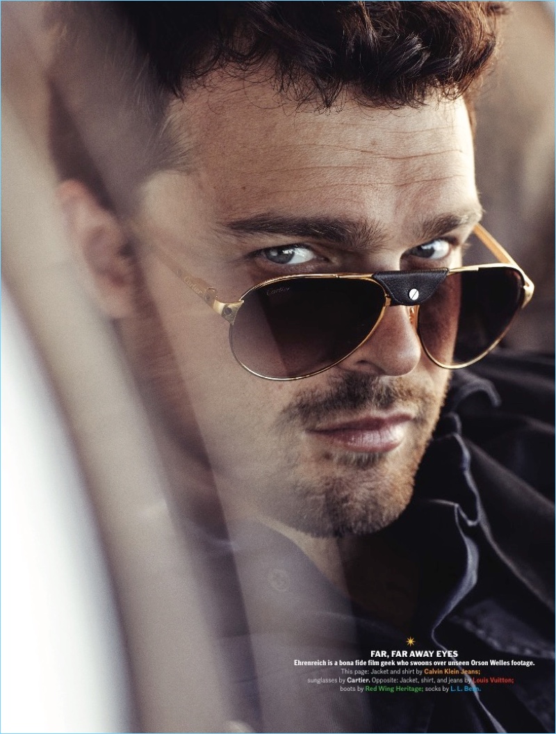 Playing it cool, Alden Ehrenreich wears a shirt and jacket by Calvin Klein Jeans with Cartier sunglasses. » Alden Ehrenreich Covers Esquire, Talks Han Solo Playing it cool, Alden Ehrenreich wears a shirt and jacket by Calvin Klein Jeans with Cartier sunglasses.