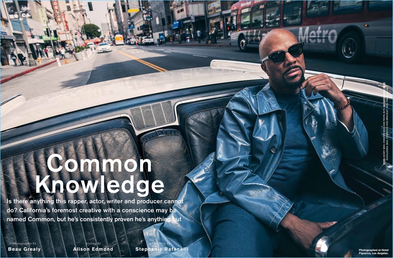 Connecting with C for Men, Common wears a BOSS leather coat, sweater, and pants. The entertainer also dons Jacques Marie Mage sunglasses.