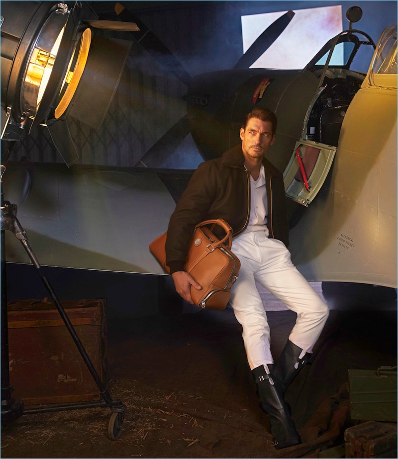 British model David Gandy fronts a campaign for his Aerodrome collaboration with Aspinal of London.