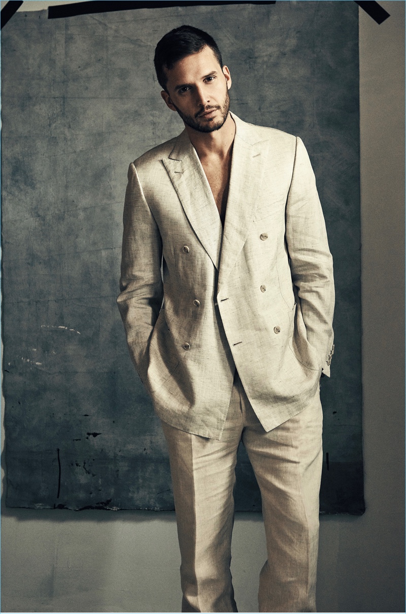 Donning a double-breasted suit, Dejan Obradović is styled by Paul Frederick.